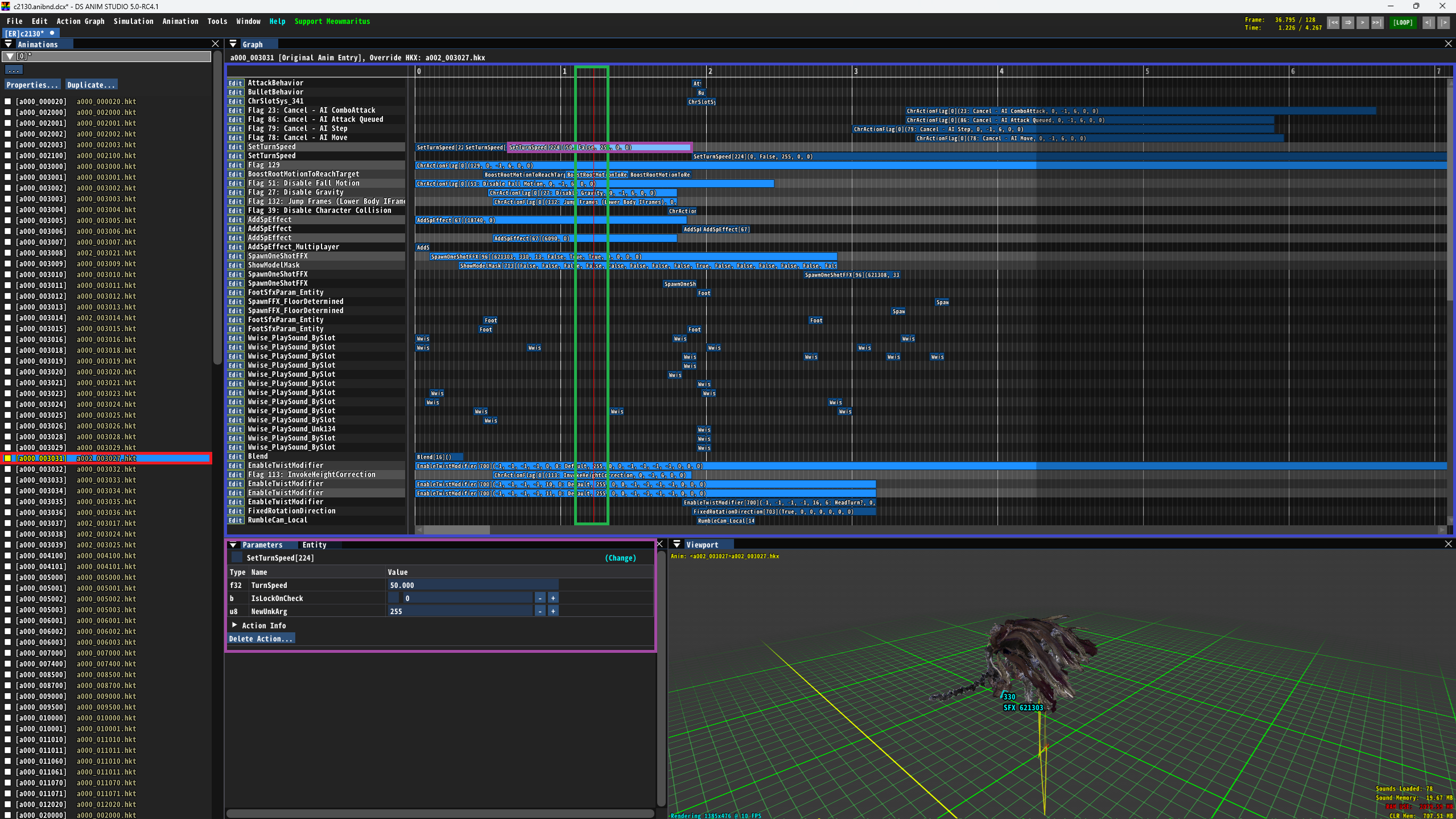 DSAnimStudio - Exemple timeline avec SetTurnSpeed et autres événements