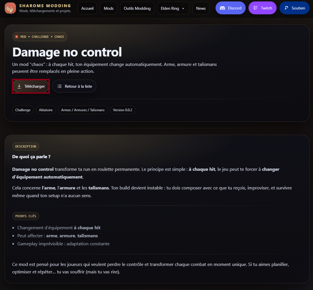 Téléchargement d'un mod depuis Sharoms Modding